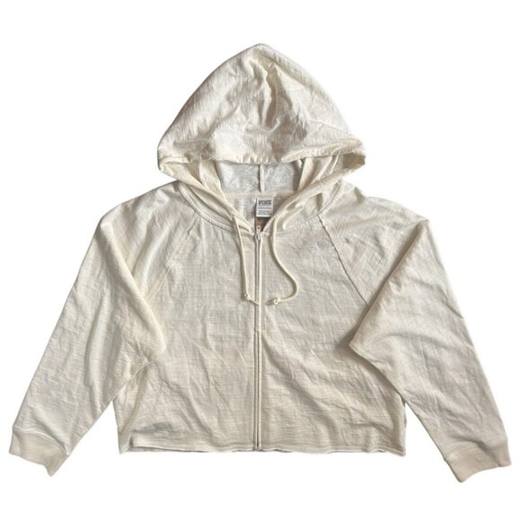 Victoria's Secret Pink Lounge Slub Cotton Full Zip Hoodie Cream Ivory Pockets XL - Picture 1 of 7